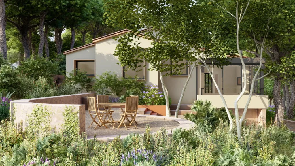 Render de Terraza y Jardín en Reforma de Vivienda en Tamariu, Costa Brava